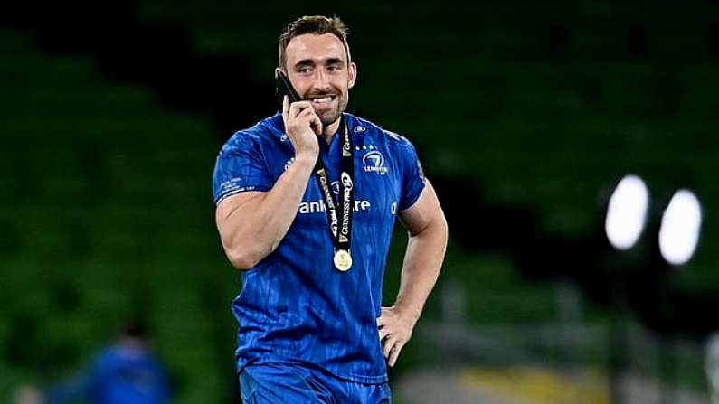 12 September 2020; Jack Conan of Leinster makes a phone call on the pitch wearing his winners medal following the Guinness PRO14 Final match between Leinster and Ulster at the Aviva Stadium in Dublin. Photo by Ramsey Cardy/Sportsfile