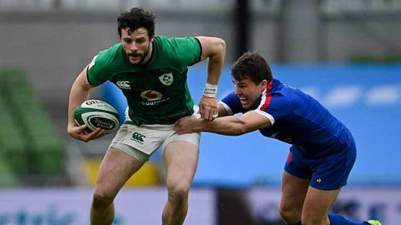 14 February 2021; Robbie Henshaw of Ireland is tackled by Antoine Dupont of France during the Guinness Six Nations Rugby Championship match between Ireland and France at the Aviva Stadium in Dublin. Photo by Ramsey Cardy/Sportsfile