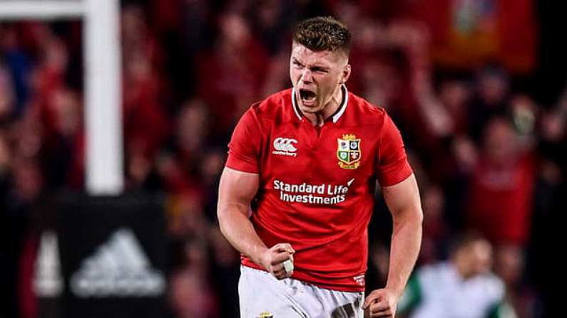 8 July 2017; Owen Farrell of the British & Irish Lions celebrates after kicking his side's final penalty during the Third Test match between New Zealand All Blacks and the British & Irish Lions at Eden Park in Auckland, New Zealand. Photo by Stephen McCarthy/Sportsfile