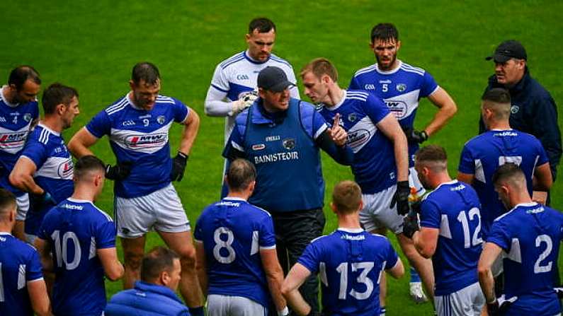 4 July 2021; Laois manager Mike Quirke speaking to his players during a waterbreak in the Leinster GAA Football Senior Championship Quarter-Final match between Laois and Westmeath at Bord Na Mona O'Connor Park in Tullamore, Offaly. Photo by Eoin Noonan/Sportsfile