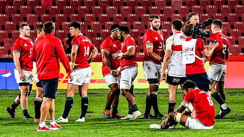 3 July 2021; British and Irish Lions players, including Bundee Aki and Iain Henderson, after during the 2021 British and Irish Lions tour match between Sigma Lions and The British and Irish Lions at Emirates Airline Park in Johannesburg, South Africa. Photo by Sydney Seshibedi/Sportsfile