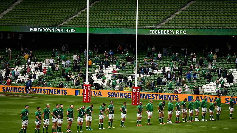 3 July 2021; Ireland players stand for the national anthems during the International Rugby Friendly match between Ireland and Japan at the Aviva Stadium in Dublin. Photo by Harry Murphy/Sportsfile