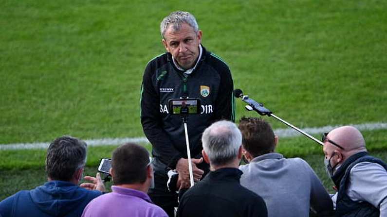 10 July 2021; Kerry manager Peter Keane is interviewed after his side's victory in the Munster GAA Football Senior Championship Semi-Final match between Tipperary and Kerry at Semple Stadium in Thurles, Tipperary. Photo by Piaras O Midheach/Sportsfile