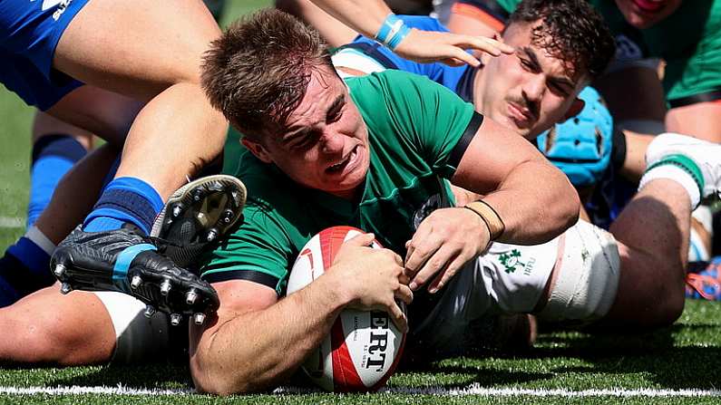 7 July 2021; Alex Kendellen of Ireland dives over to score a try for his side during the U20 Six Nations Rugby Championship match between Italy and Ireland at Cardiff Arms Park in Cardiff, Wales. Photo by Chris Fairweather/Sportsfile