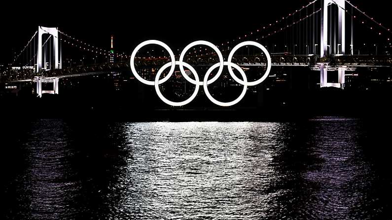 22 July 2021; A general view of the Olympic Rings at Odaiba Marine Park, under the Rainbow Bridge and Tokyo Tower, ahead of the start of the 2020 Tokyo Summer Olympic Games in Tokyo, Japan. Photo by Ramsey Cardy/Sportsfile