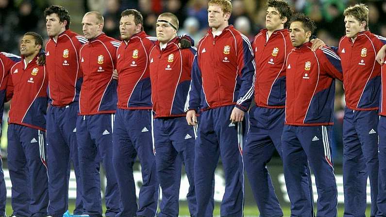 2 July 2005; British and Irish Lions players, from left, Jason Robinson, Shane Horgan, Gareth Thomas, Steve Thompson, Gethin Jenkins, Paul O'Connell, Donnacha O'Callaghan Gavin Henson, and Simon Easterby line up for the national anthems before the game. British and Irish Lions Tour to New Zealand 2005, 2nd Test, New Zealand v British and Irish Lions, Westpac Stadium, Wellington, New Zealand. Picture credit; Brendan Moran / SPORTSFILE