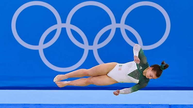 25 July 2021; Megan Ryan of Ireland competing on the floor during the women's artistic gymnastics all-round qualification at the Ariake Gymnastics Centre during the 2020 Tokyo Summer Olympic Games in Tokyo, Japan. Photo by Brendan Moran/Sportsfile