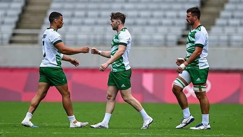 26 July 2021; Ireland players, from left, Jordan Conroy, Ian Fitzpatrick and Harry McNulty after the rugby sevens men's pool C match between Ireland and South Africa at the Tokyo Stadium during the 2020 Tokyo Summer Olympic Games in Tokyo, Japan. Photo by Brendan Moran/Sportsfile