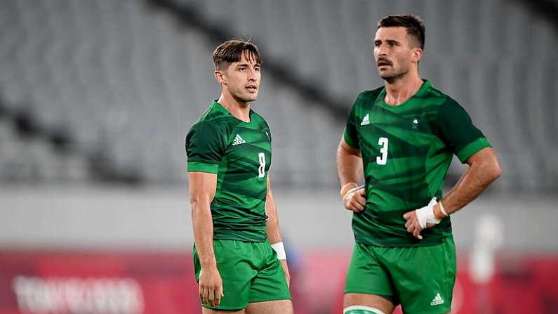 26 July 2021; Greg O'Shea and Harry McNulty, right, of Ireland following the rugby sevens men's pool C match between Ireland and USA at the Tokyo Stadium during the 2020 Tokyo Summer Olympic Games in Tokyo, Japan. Photo by Stephen McCarthy/Sportsfile