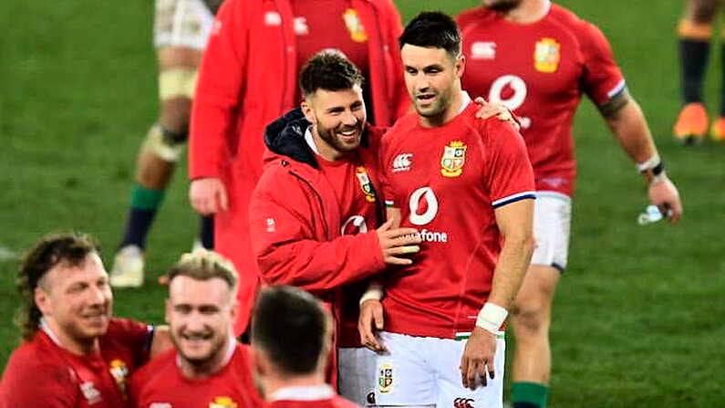 24 July 2021; Ali Price, left, and Conor Murray of the British and Irish Lions after the first test of the British and Irish Lions tour match between South Africa and British and Irish Lions at Cape Town Stadium in Cape Town, South Africa. Photo by Ashley Vlotman/Sportsfile