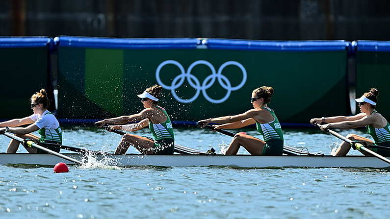 21 July 2021; Team Ireland Women's Four rowers, from left, Emily Hegarty, Fiona Murtagh, Eimear Lambe and Aifric Keogh training at the Sea Forest Waterway ahead of the start of the 2020 Tokyo Summer Olympic Games in Tokyo, Japan. Photo by Brendan Moran/Sportsfile