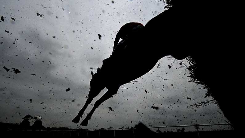 4 March 2021; A general view as runners and riders jump the second to last during the Racing Again March 9th Maiden Hunters Steeplechase at Clonmel Racecourse in Tipperary. Photo by Harry Murphy/Sportsfile