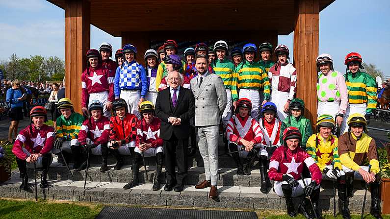 22 April 2019; President of Ireland Michael D. Higgins and Conor Gray from Boylesports with the jockeys prior to the Boylesports Irish Grand National Steeplechase during the Fairyhouse Easter Festival - Irish Grand National day at Fairyhouse Racecourse in Ratoath, Meath. Photo by David Fitzgerald/Sportsfile