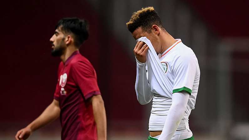 30 March 2021; Callum Robinson of Republic of Ireland reacts as he leaves the pitch following the international friendly match between Qatar and Republic of Ireland at Nagyerdei Stadion in Debrecen, Hungary. Photo by Stephen McCarthy/Sportsfile