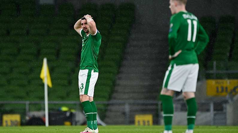 27 March 2021; Enda Stevens, left, and James McClean of Republic of Ireland following their side's defeat during the FIFA World Cup 2022 qualifying group A match between Republic of Ireland and Luxembourg at the Aviva Stadium in Dublin. Photo by Seb Daly/Sportsfile