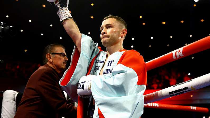 30 November 2019; Carl Frampton and Tyler McCreary during their super-featherweight bout at the Cosmopolitan of Las Vegas in Las Vegas, Nevada, United States. Photo by Mikey Williams/Top Rank/Sportsfile