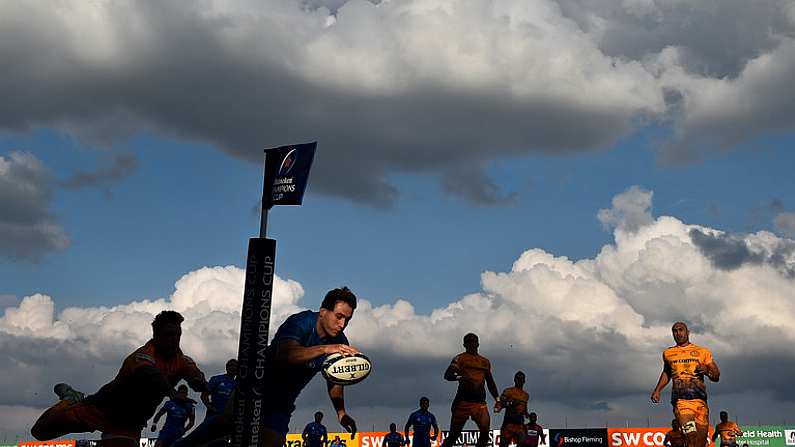 10 April 2021; Jordan Larmour of Leinster dives over to score his side's second try despite the tackle of Stuart Hogg of Exeter Chiefs during the Heineken Champions Cup Pool Quarter-Final match between Exeter Chiefs and Leinster at Sandy Park in Exeter, England. Photo by Ramsey Cardy/Sportsfile