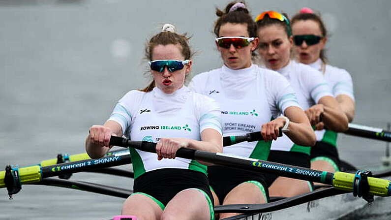 9 April 2021; Ireland rowers, from left, Emily Hegarty, Fiona Murtagh, Eimear Lambe and Aifric Keogh compete in their heat of the Women's Four during Day 1 of the European Rowing Championships 2021 at Varese in Italy. Photo by Roberto Bregani/Sportsfile