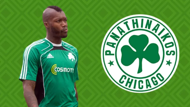 French footballer Djibril Cissé with the crest of his new club, Panathinaikos Chicago.