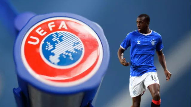 The UEFA logo next to Rangers footballer Glen Kamara