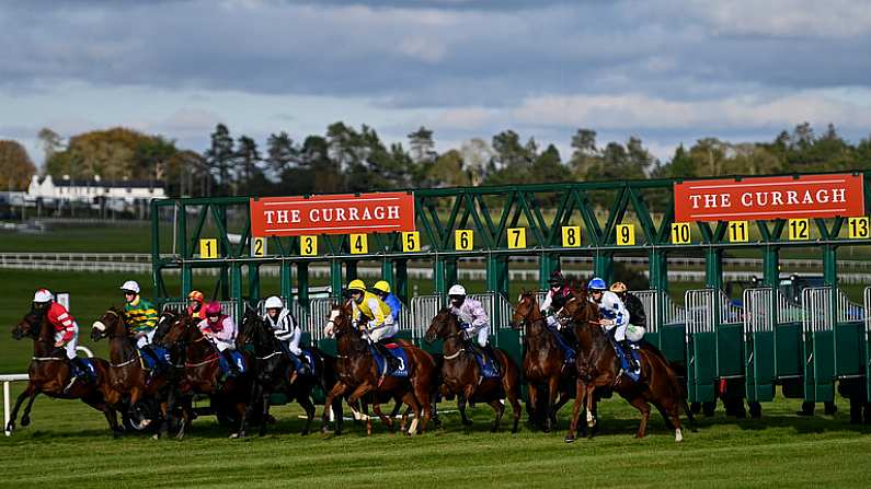 11 October 2020; Runners and riders make their way out of the stalls at the start of the Chapmans Kildare Amateur Riders Derby at The Curragh Racecourse in Kildare. Photo by Ramsey Cardy/Sportsfile