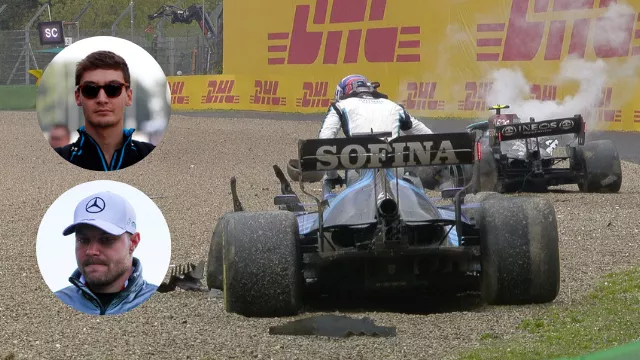The Williams car of George Russell and the Mercedes car of Valtteri Bottas after their race-ending collision at the Imola Grand Prix, with inserts of both driver's faces.