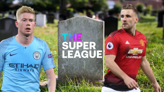 Man City player Kevin de Bruyne and Man United player Luke Shaw, pictured beside an edited gravestone that is inscribed 'The Super League'