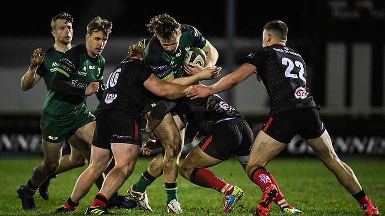 27 December 2020; Sean O'Brien of Connacht is tackled by Bradley Roberts, left, Ian Madigan, centre, and Ben Moxham of Ulster during the Guinness PRO14 match between Connacht and Ulster at The Sportsground in Galway. Photo by Ramsey Cardy/Sportsfile