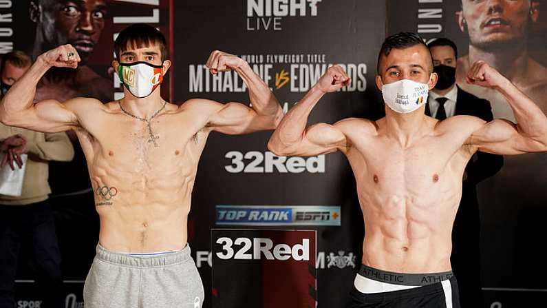 29 April 2021; Michael Conlan, left, and Ionut Balut face-off prior to their super-bantamweight bout at York Hall in London, England. Photo by Queensberry Promotions via Sportsfile