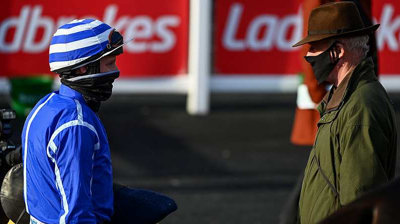 29 April 2021; Jockey Paul Townend and trainer Willie Mullins after sending out Energumene to win the Ryanair Novice Steeplechase during day three of the Punchestown Festival at Punchestown Racecourse in Kildare. Photo by Harry Murphy/Sportsfile