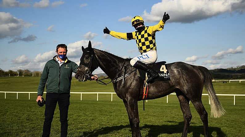 30 April 2021; Jockey Paul Townend celebrates on Gaillard Du Mesnil after winning the Alanna Homes Champion Novice Hurdle during day four of the Punchestown Festival at Punchestown Racecourse in Kildare. Photo by Harry Murphy/Sportsfile