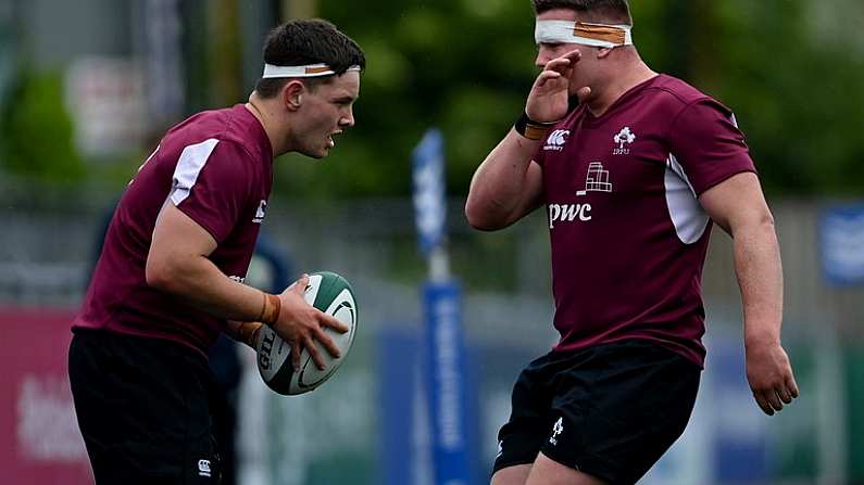 28 May 2021; Ronan Loughnane, left, and Jack Boyle of Ireland U20 during the match between Ireland U20 and Leinster A at Energia Park in Dublin. Photo by Ramsey Cardy/Sportsfile