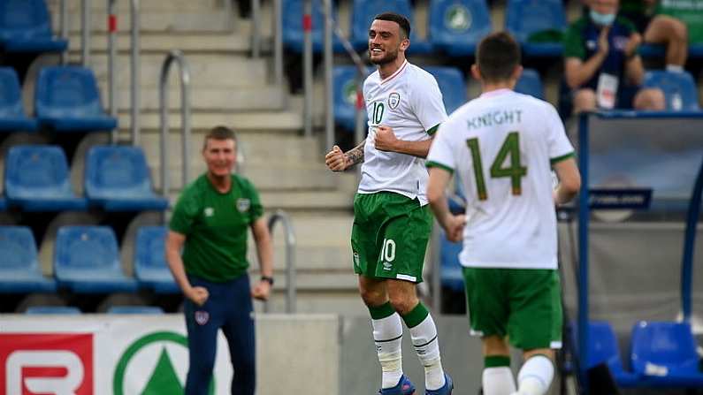 3 June 2021; Troy Parrott of Republic of Ireland celebrates after scoring his side's second goal during the International friendly match between Andorra and Republic of Ireland at Estadi Nacional in Andorra. Photo by Stephen McCarthy/Sportsfile