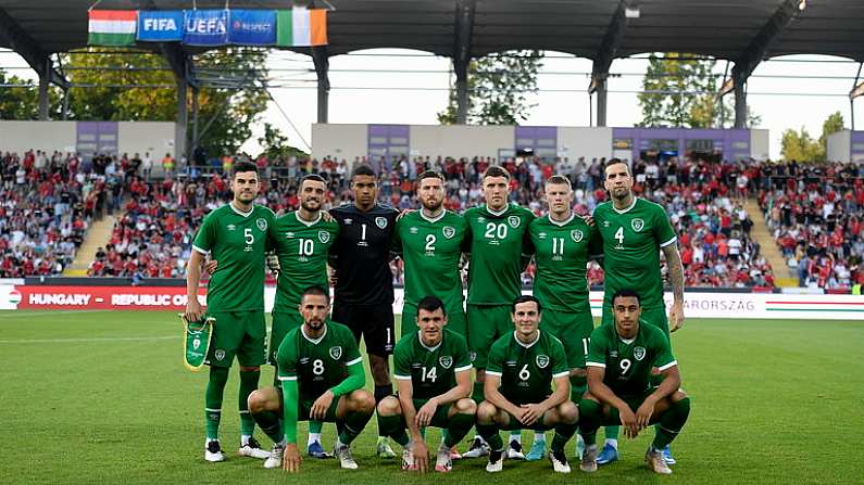 8 June 2021; The Republic of Ireland team, back row, from left, John Egan, Troy Parrott, Gavin Bazunu, Matt Doherty, Dara O'Shea, James McClean and Shane Duffy, with, front row, Conor Hourihane, Jason Knight, Josh Cullen and Adam Idah before the international friendly match between Hungary and Republic of Ireland at Szusza Ferenc Stadion in Budapest, Hungary. Photo by Alex Nicodim/Sportsfile