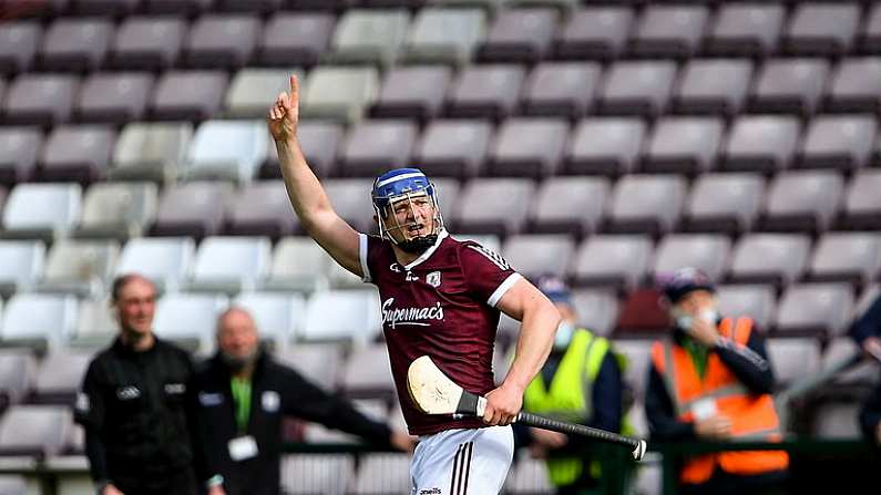 16 May 2021; Joe Canning of Galway celebrates scoring a late point during the Allianz Hurling League Division 1 Group A Round 2 match between Galway and Limerick at Pearse Stadium in Galway. Photo by Piaras O Midheach/Sportsfile