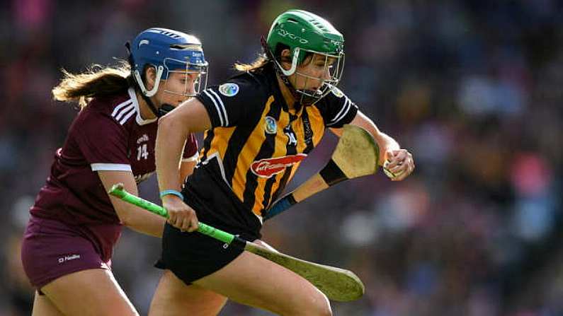 8 September 2019; Miriam Walsh of Kilkenny in action against Niamh Hanniffy of Galway during the Liberty Insurance All-Ireland Senior Camogie Championship Final match between Galway and Kilkenny at Croke Park in Dublin. Photo by Piaras O Midheach/Sportsfile