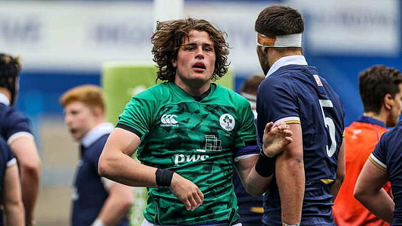 19 June 2021; Alex Soroka of Ireland after scoring his side's first try during the U20 Six Nations Rugby Championship match between Scotland and Ireland at Cardiff Arms Park in Cardiff, Wales. Photo by Chris Fairweather/Sportsfile