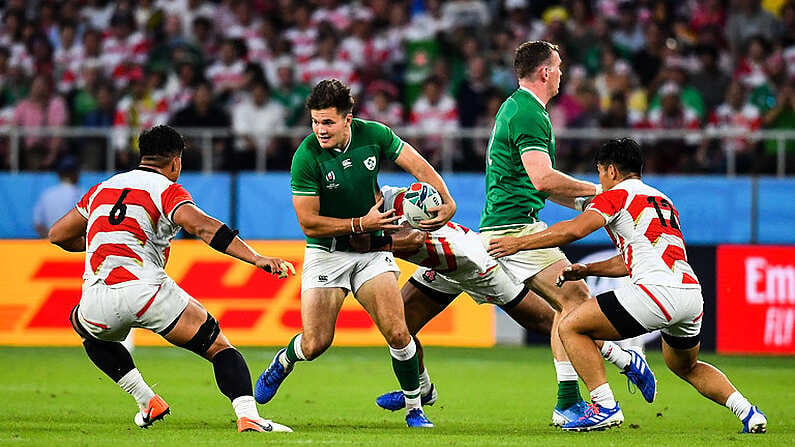 28 September 2019; Jacob Stockdale of Ireland attempts to get though the Japan defence during the 2019 Rugby World Cup Pool A match between Japan and Ireland at the Shizuoka Stadium Ecopa in Fukuroi, Shizuoka Prefecture, Japan. Photo by Brendan Moran/Sportsfile