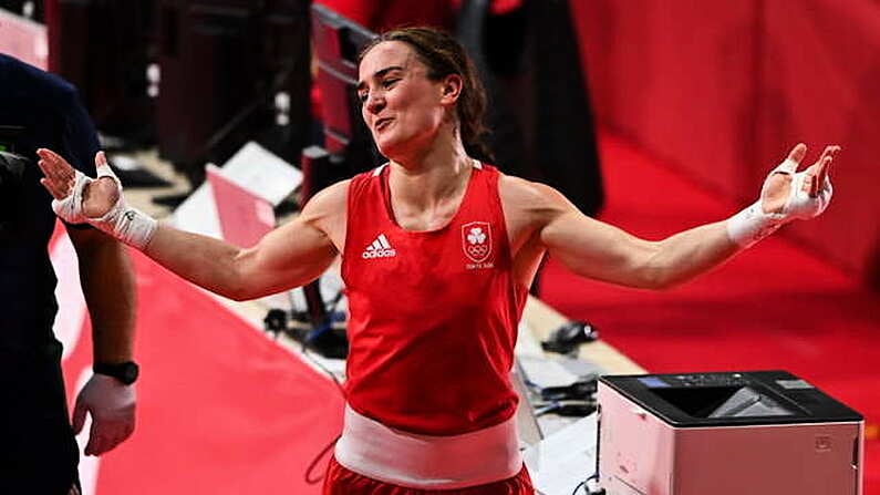 3 August 2021; Kellie Harrington of Ireland celebrates victory in her women's lightweight quarter-final bout against Imane Khelif of Algeria at the Kokugikan Arena during the 2020 Tokyo Summer Olympic Games in Tokyo, Japan. Photo by Brendan Moran/Sportsfile