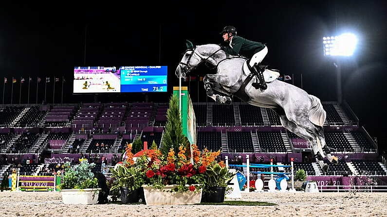 3 August 2021; Darragh Kenny of Ireland riding Cartello during the jumping individual qualifier at the Equestrian Park during the 2020 Tokyo Summer Olympic Games in Tokyo, Japan. Photo by Stephen McCarthy/Sportsfile