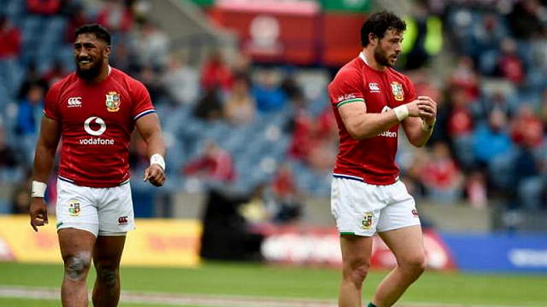 26 June 2021; Bundee Aki, left, and Robbie Henshaw of British and Irish Lions during the 2021 British and irish Lions tour match between the British and Irish Lions and Japan at BT Murrayfield Stadium in Edinburgh, Scotland. Photo by Ian Rutherford/Sportsfile