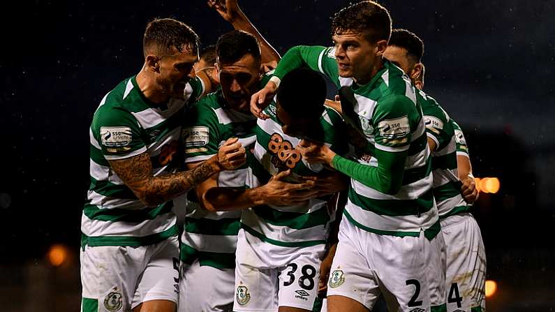 5 August 2021; Aidomo Emakhu of Shamrock Rovers, centre, celebrates with team-mates, from left, Lee Grace, Aaron Greene and Sean Gannon after scoring his side's first goal during the UEFA Europa Conference League third qualifying round first leg match between Shamrock Rovers and Teuta at Tallaght Stadium in Dublin. Photo by Eoin Noonan/Sportsfile