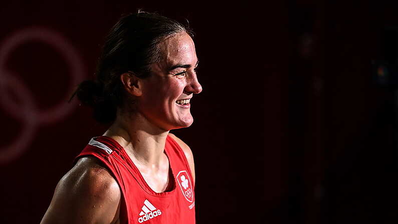 5 August 2021; Kellie Harrington of Ireland reacts after defeating Sudaporn Seesondee of Thailand in their women's lightweight semi-final bout at the Kokugikan Arena during the 2020 Tokyo Summer Olympic Games in Tokyo, Japan. Photo by Stephen McCarthy/Sportsfile