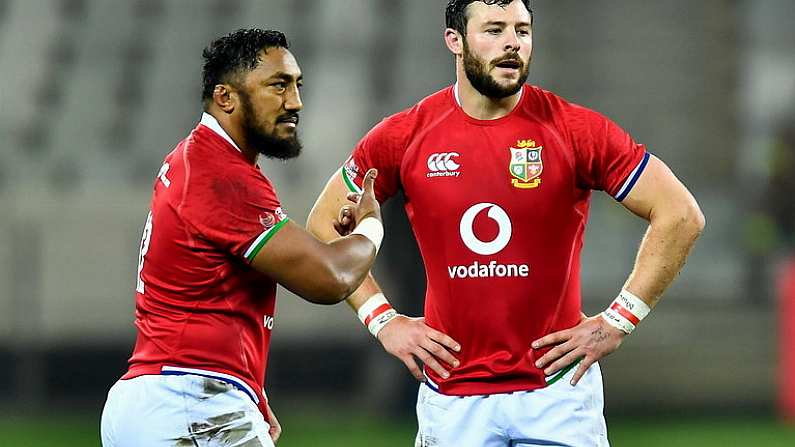 7 August 2021; Robbie Henshaw, right, and Bundee Aki of British and Irish Lions during the third test of the British and Irish Lions tour match between South Africa and British and Irish Lions at Cape Town Stadium in Cape Town, South Africa. Photo by Ashley Vlotman/Sportsfile