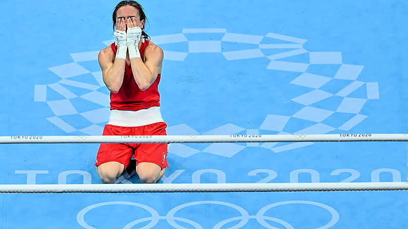 8 August 2021; Kellie Harrington of Ireland reacts after defeating Beatriz Ferreira of Brazil in their women's lightweight final bout at the Kokugikan Arena during the 2020 Tokyo Summer Olympic Games in Tokyo, Japan. Photo by Brendan Moran/Sportsfile