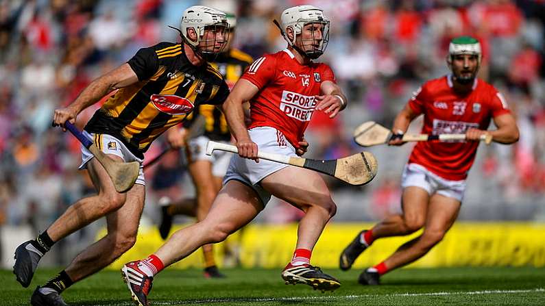 8 August 2021; Patrick Horgan of Cork in action against Michael Carey of Kilkenny during the GAA Hurling All-Ireland Senior Championship semi-final match between Kilkenny and Cork at Croke Park in Dublin. Photo by Piaras O Midheach/Sportsfile