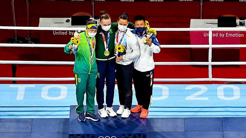 8 August 2021; Silver medalist Beatriz Ferreira of Brazil, left, gold medalist Kellie Harrington of Ireland, centre, and bronze medalists Mira Marjut Johanna Potkonen of Finland and Sudaporn Seesondee of Thailand with their medals after the women's lightweight bouts at the Kokugikan Arena during the 2020 Tokyo Summer Olympic Games in Tokyo, Japan. Photo by Brendan Moran/Sportsfile