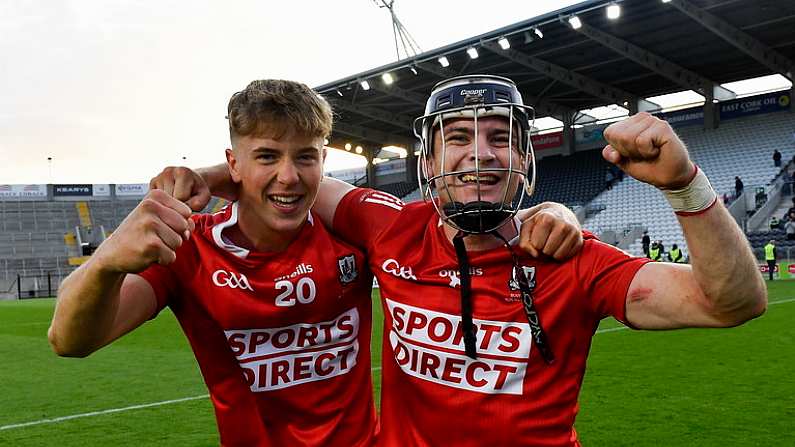 28 July 2021; Cork players Diarmuid Kearney, left, and Sam Quirke celebrate after their side's victory in the Munster GAA Hurling U20 Championship Final match between Cork and Limerick at Pairc Ui Chaoimh in Cork. Photo by Piaras O Midheach/Sportsfile