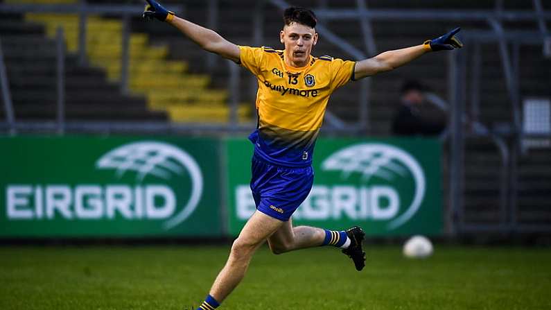 7 August 2021; Adam McDermott of Roscommon celebrates after scoring his side's second goal during the EirGrid GAA All-Ireland Football U20 Championship semi-final match between Roscommon and Down at Kingspan Breffni Park in Cavan. Photo by David Fitzgerald/Sportsfile