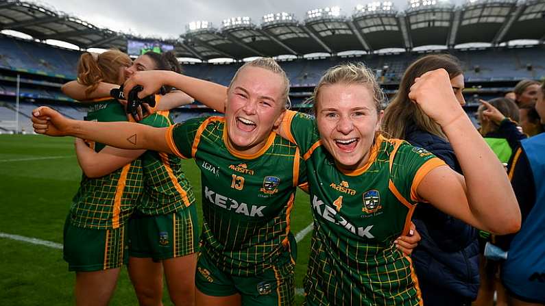 15 August 2021; Vikki Wall, left, and Katie Newe of Meath celebrate following the TG4 All-Ireland Senior Ladies Football Championship Semi-Final match between Cork and Meath at Croke Park in Dublin. Photo by Stephen McCarthy/Sportsfile